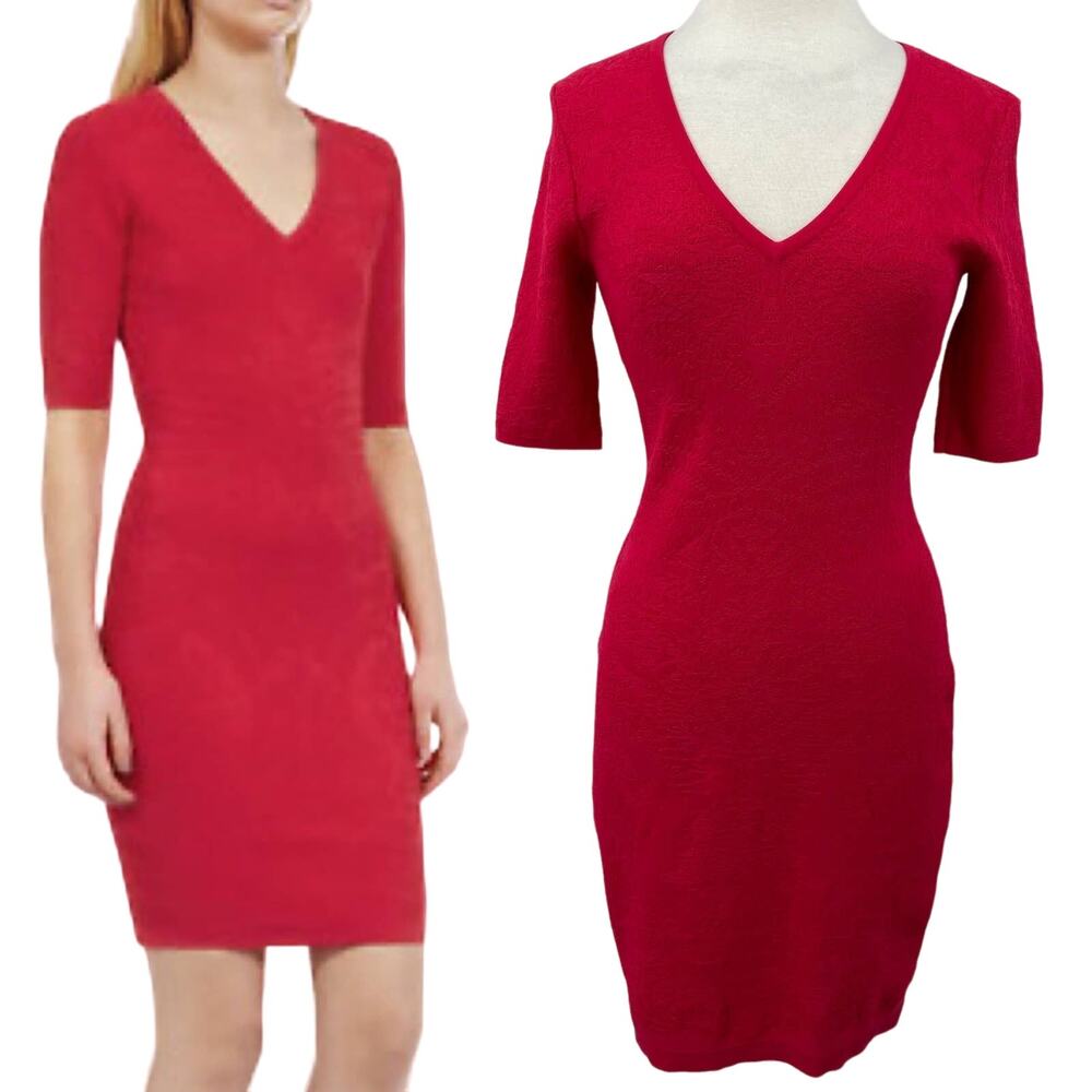 Reiss Bunny Dress V Neck Short Sleeves Textured Bodycon Sheath Red Pink Womens 8